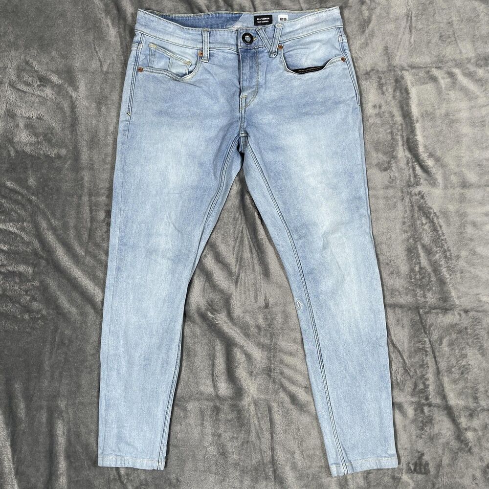 Volcom Jeans Mens 29x24 2 x Vorta Slim Tapered Blue Light Wash Stretch Denim